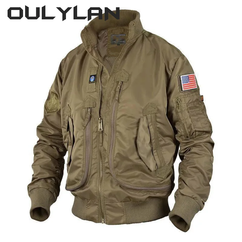 Oulylanl Military Jackets Big Pocket Pilot Baseball Air Force Coat ArmyGreen Bomber Jacket Stand-collar Motorcycle Outwear