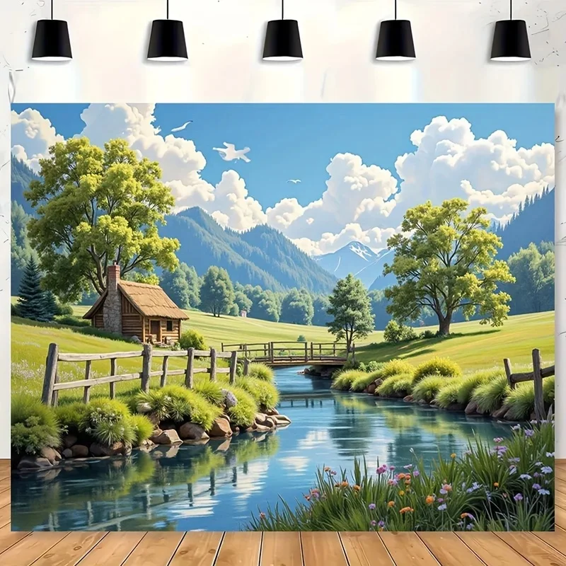VIKAMA Pastoral Landscape Tapestry Wooden Cabin River Bridge Green Grass Mountain Blue Sky Nature Scenery Wall Hanging Home Deco