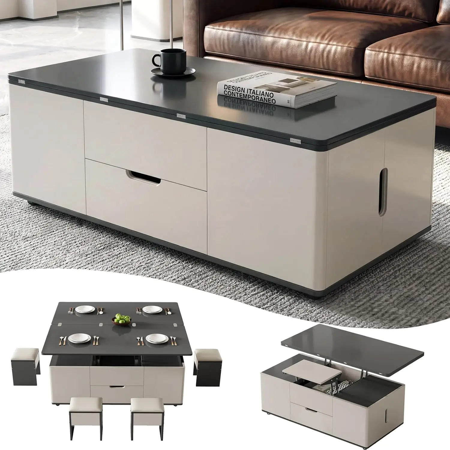 3-in-1 Lift Top Coffee Table with 4 Stools and Storage, 47.2-Inch Convertible Coffee Table to Dining Table, Hidden Compartments,