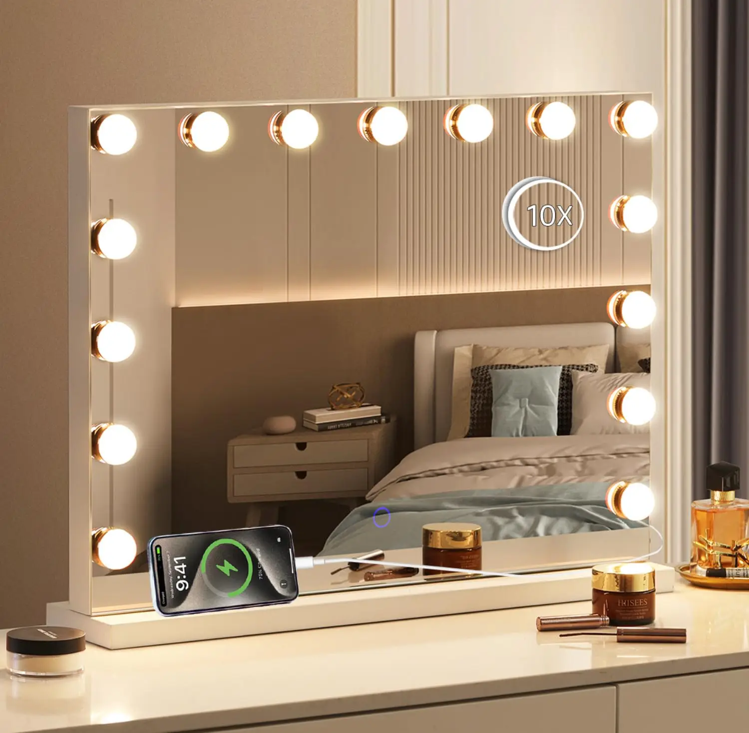 

23x18 Lighted Makeup Mirror with 10x Magnification, 15 LED Bulbs & 3 Lighting Modes for Desk/Wall Mount