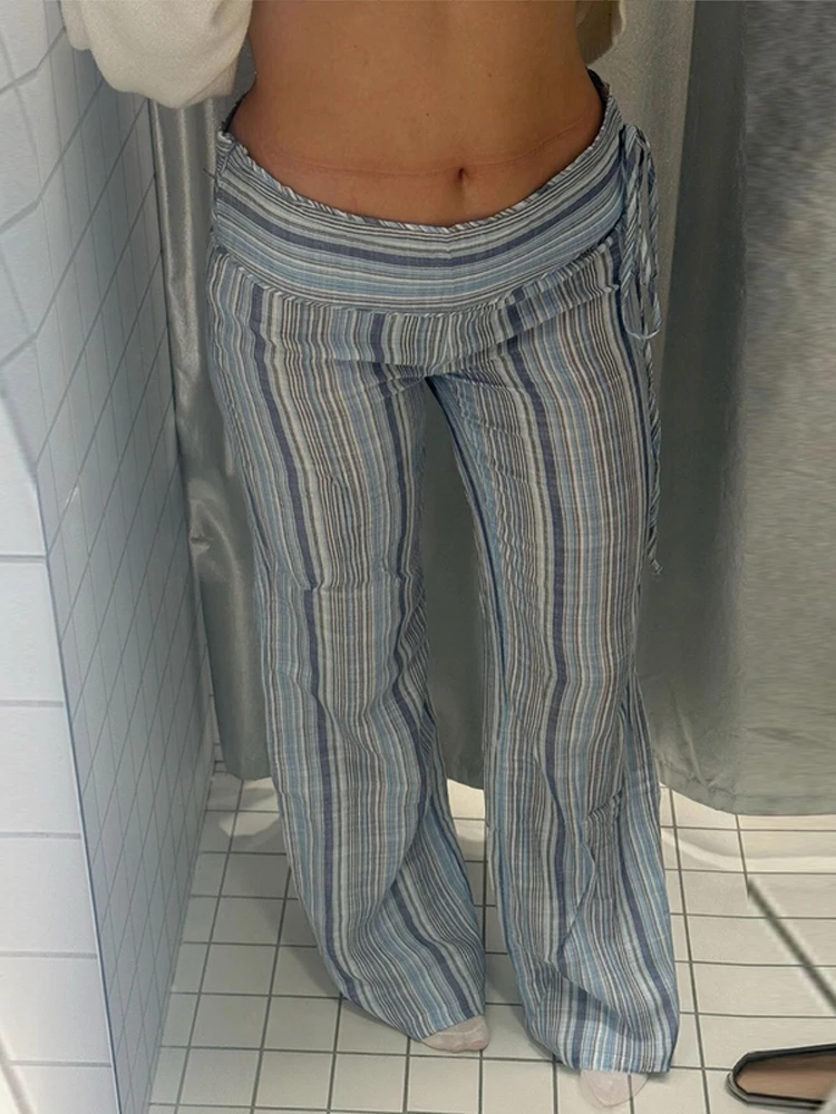 Gestreifte Bandage-Freizeithose für Damen, Streetwear, hohe Taille, Schnürung, getäfelte, lockere Hose mit weitem Bein, modische Partykleidung für Damen – Detail 20