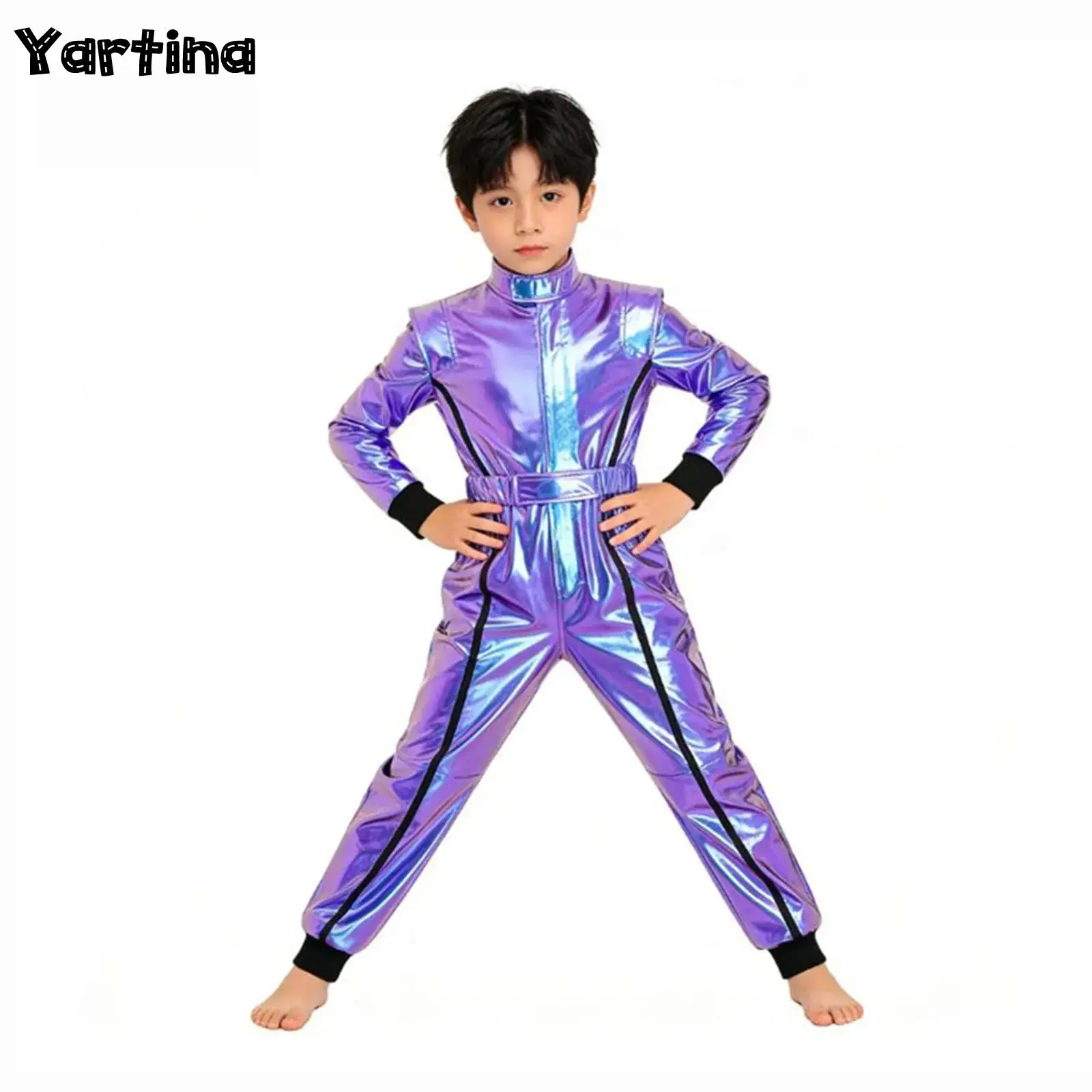Boys Alien Robot Spacemen Astronaut Cosplay Costume Motorcycle Racing Jumpsuit Long Sleeve Zipper Metallic Bodysuit with Belt