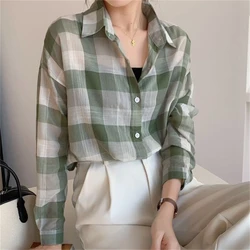 Women Korean Fashion Vintage Plaid Print Shirt Lapel Simple Casual All Match Blouse Long Sleeve Loose Tunic Tops Female Clothing