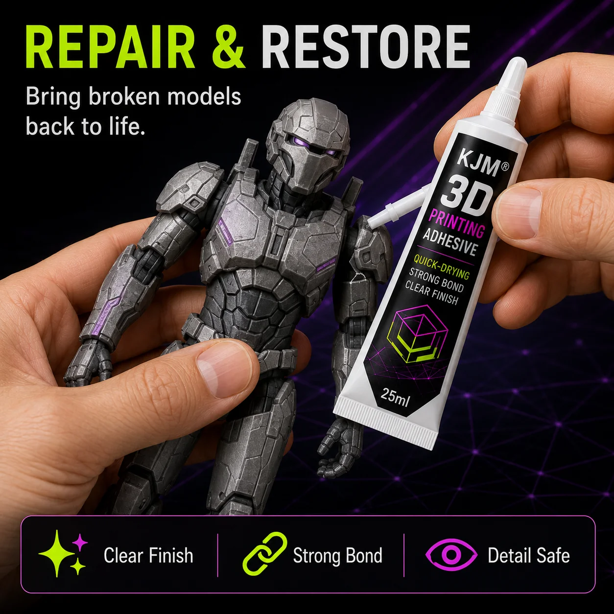 KJM Car Plastic Glue 25ML Quick Dry Strong Bond Adhesive For 3D Printing PLA ABS PETG Resin Models Interior Trim Repair