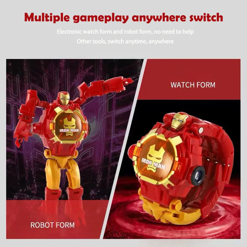 Disney Anime Iron Man 24 Projection Patterns Spiderman Children Watches for Boy Birthday Gift Deformation Robot Electronic Clock