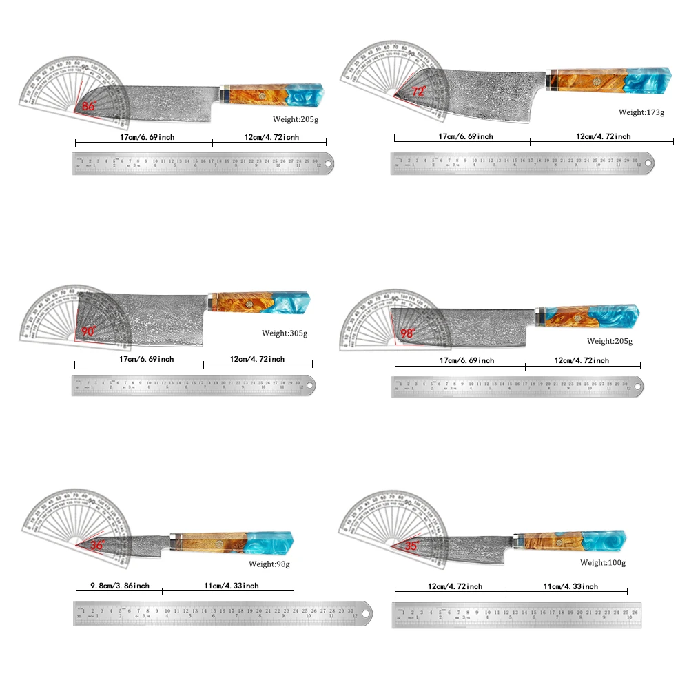 XITUO 1-6PCS Professional Damascus Steel Chefs Knives Set Sea Blue Resin Wood Handle Bread,Santoku,Cleaver,Paring,Cooking Knife