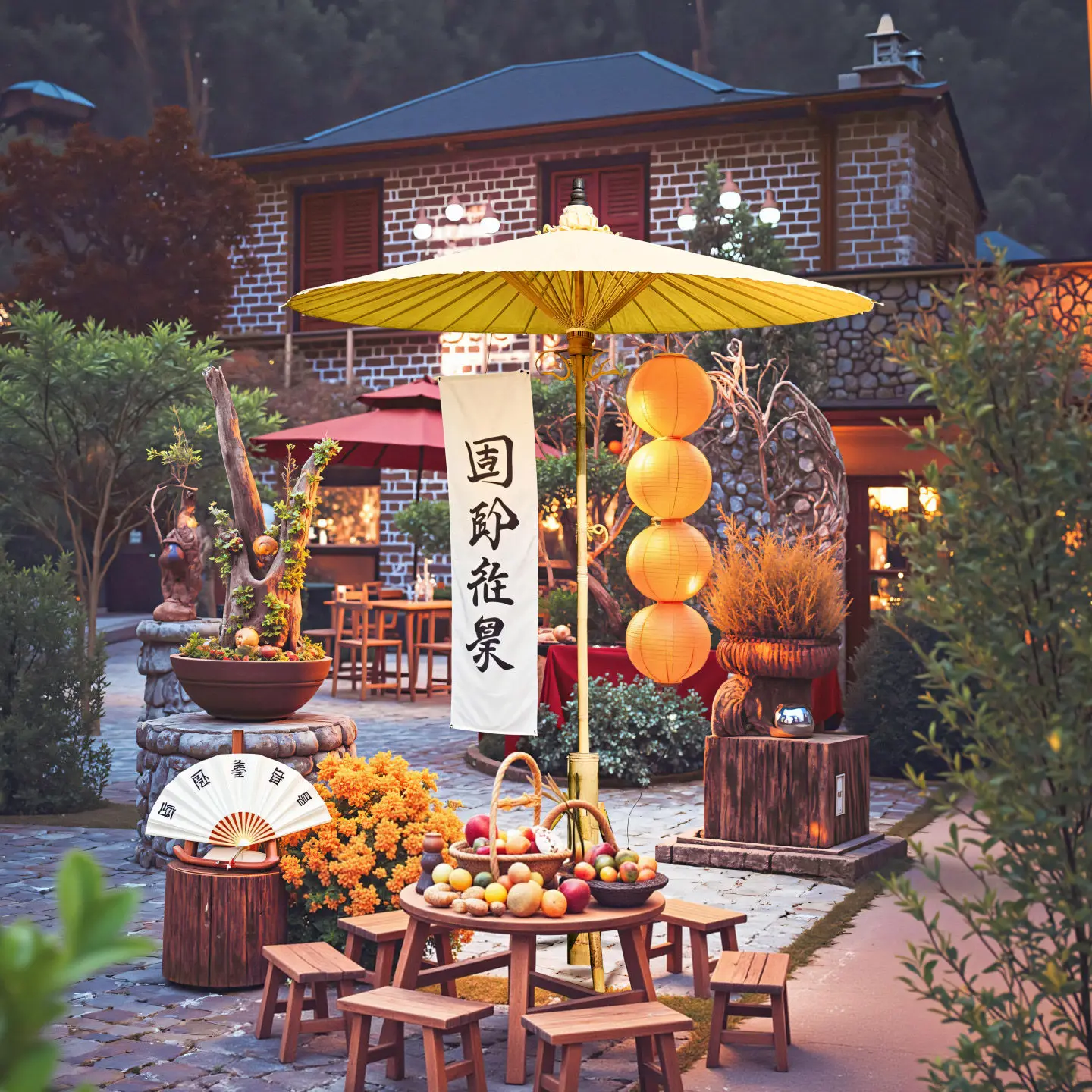 

Chinese-style outdoor large oil-paper umbrella, ancient sunshade, courtyard umbrella, tea-making scene arrangement