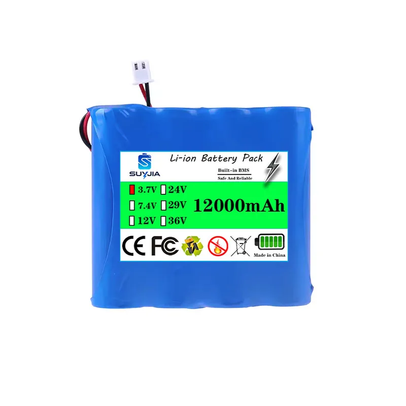 3.7V 12000mAh rechargeable battery for 1S4P amplifier speaker, 4.2V 18650 lithium battery with XH2.54-2P plug