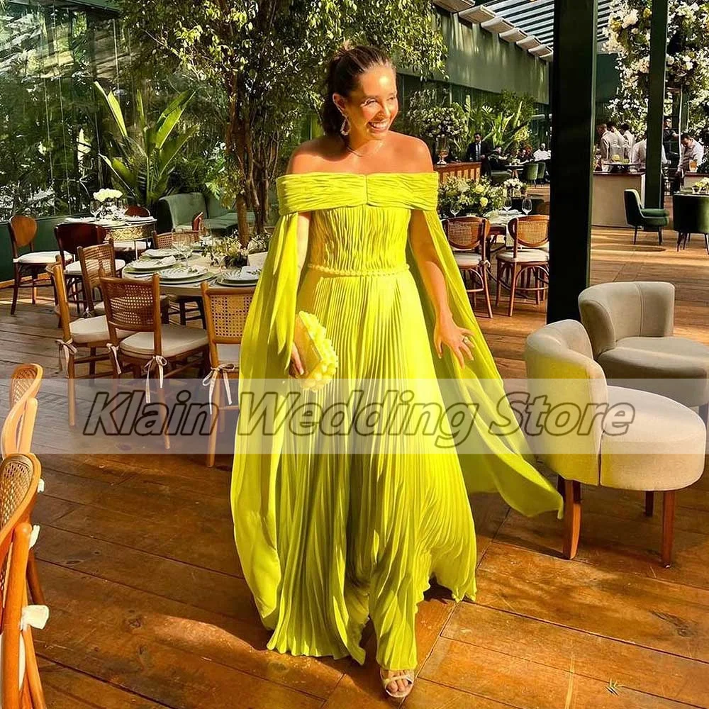 Customized Chiffon Solid Prom Dress Off The Shoulder Shawl Pleated A-Line Pearl Belt Exquisite Backless Party Floor Length Eveni