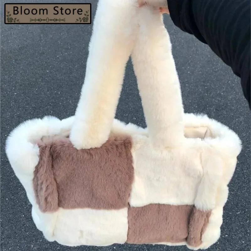 Sweet Cute Plush Tote Women Color Block Soft Large Capacity Handbag Ladies Gentle Comfort Minimalist Versatile Underarm Bag
