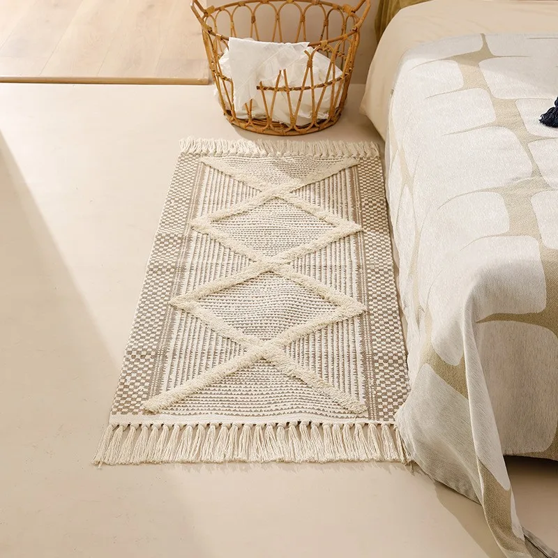 Tapis à pampilles fait à la main, Style nordique marocain, pour chambre à coucher, motif géométrique, capitonné, pour salon, coussin de chevet, Tapis de Cuisine