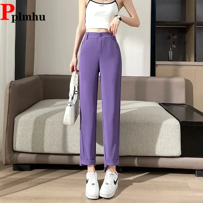 Clássico tornozelo comprimento harem terno pantalones coreia moda escritório feminino spodnie doce cor elástica cintura alta formal calças soltas
