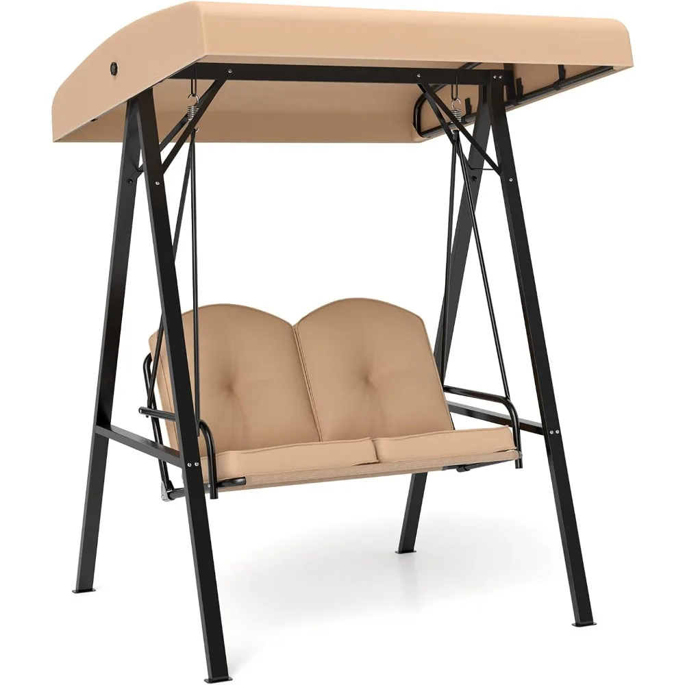 

2-местные качели для крыльца, качели для патио с регулируемым навесом, прочным металлическим каркасом и мягкой подушкой, уличные качели для спины