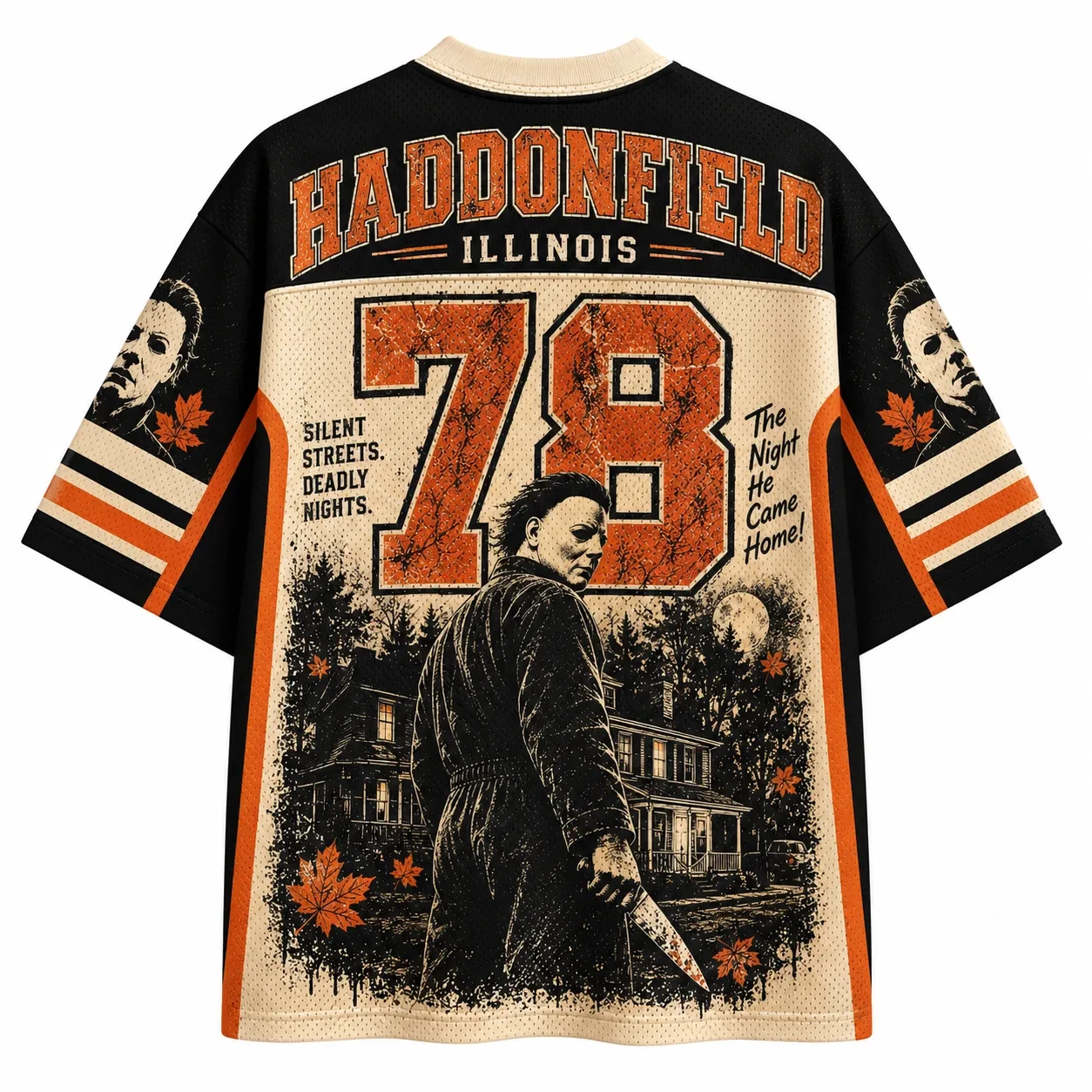 Vintage Halloween Jersey,Jack-o'-lantern Spooky Retro Horror House Poster 3D Print V-Neck Unisex Streetwear for Trick or Treat