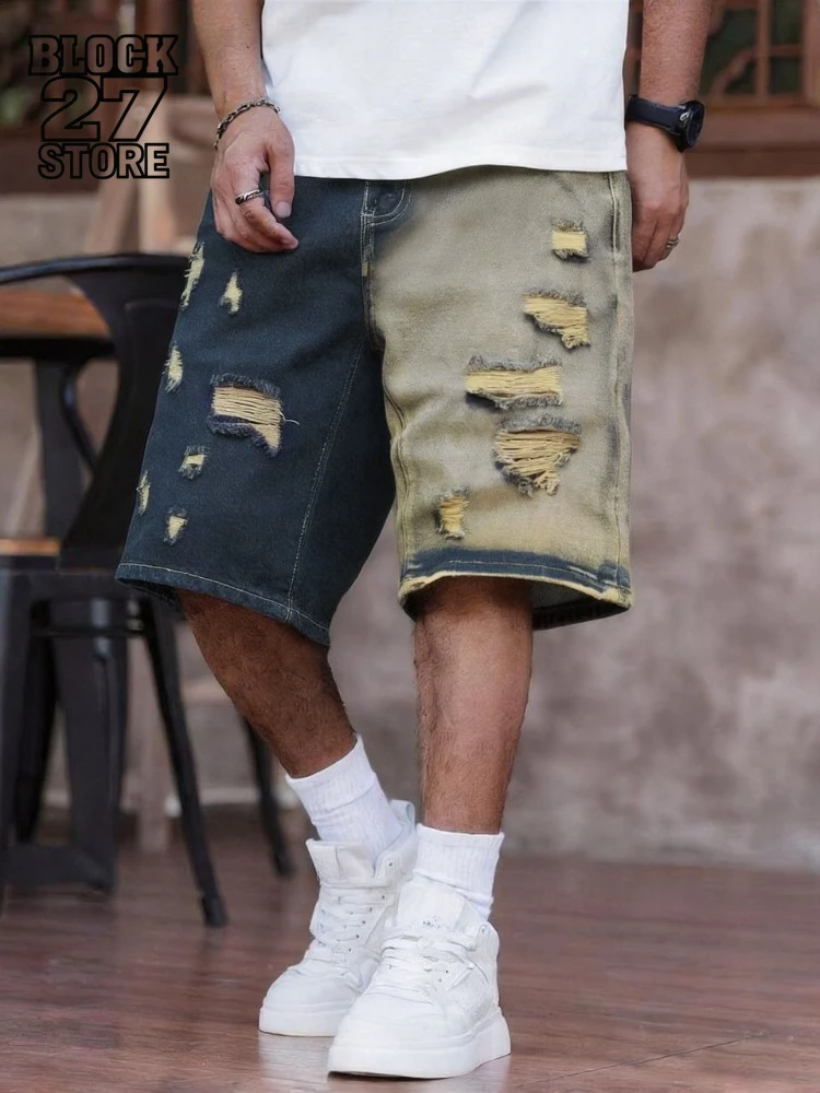 

Mens Denim Shorts Distressed Slim Fit Color Block Summer Harajuku Unisex Casual Streetwear Fashion Trend Arrival Hip Hop Style