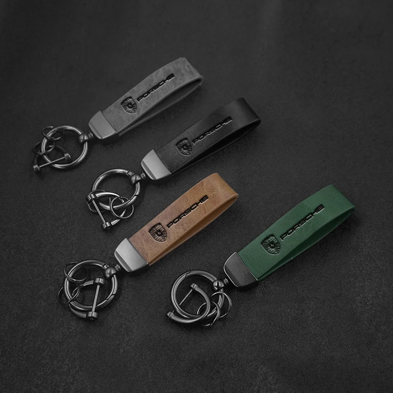 Metal Leather Car Keychain Key Ring Pendant Gifts For Porsche Cayenne Panamera Macan 911 718 Taycan Boxster Cayman Accessories