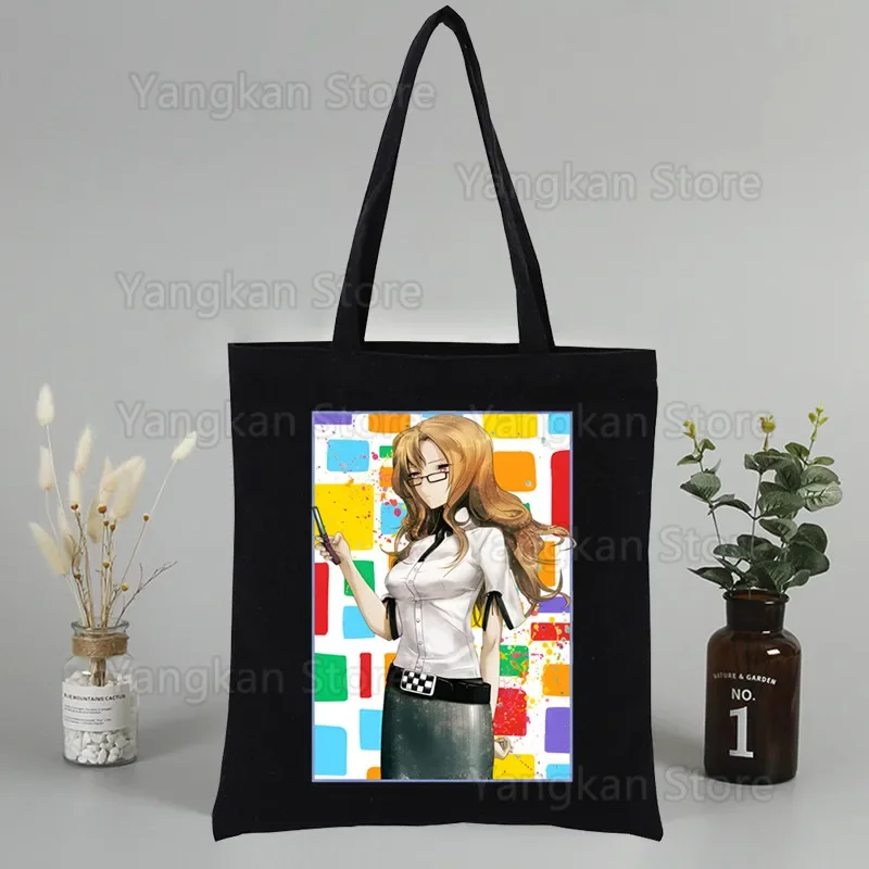 Steins Gate Anime Black Bags Harajuku Casual Tote Eco Shopper Shoulder Bags Okabe Rintarou Makise Kurisu Canvas Tote