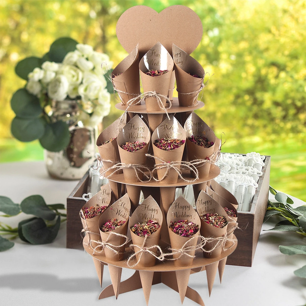 Wedding Confetti Cone Holder Support Kraft Paper Tray Set For Rustic Wedding Decoration Natural Confetti Cones Stand Box