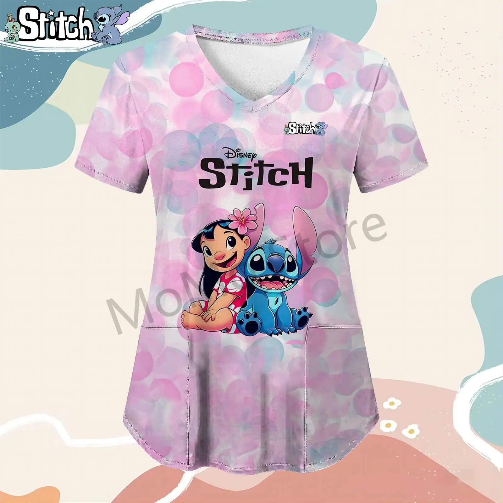 Kawaii Disney Stitch Women's V Neck Nurse Uniform T-Shirt Pocket Youthful Woman Clothes Summer Short Sleeve 2024 Tops S-2XL Y2k