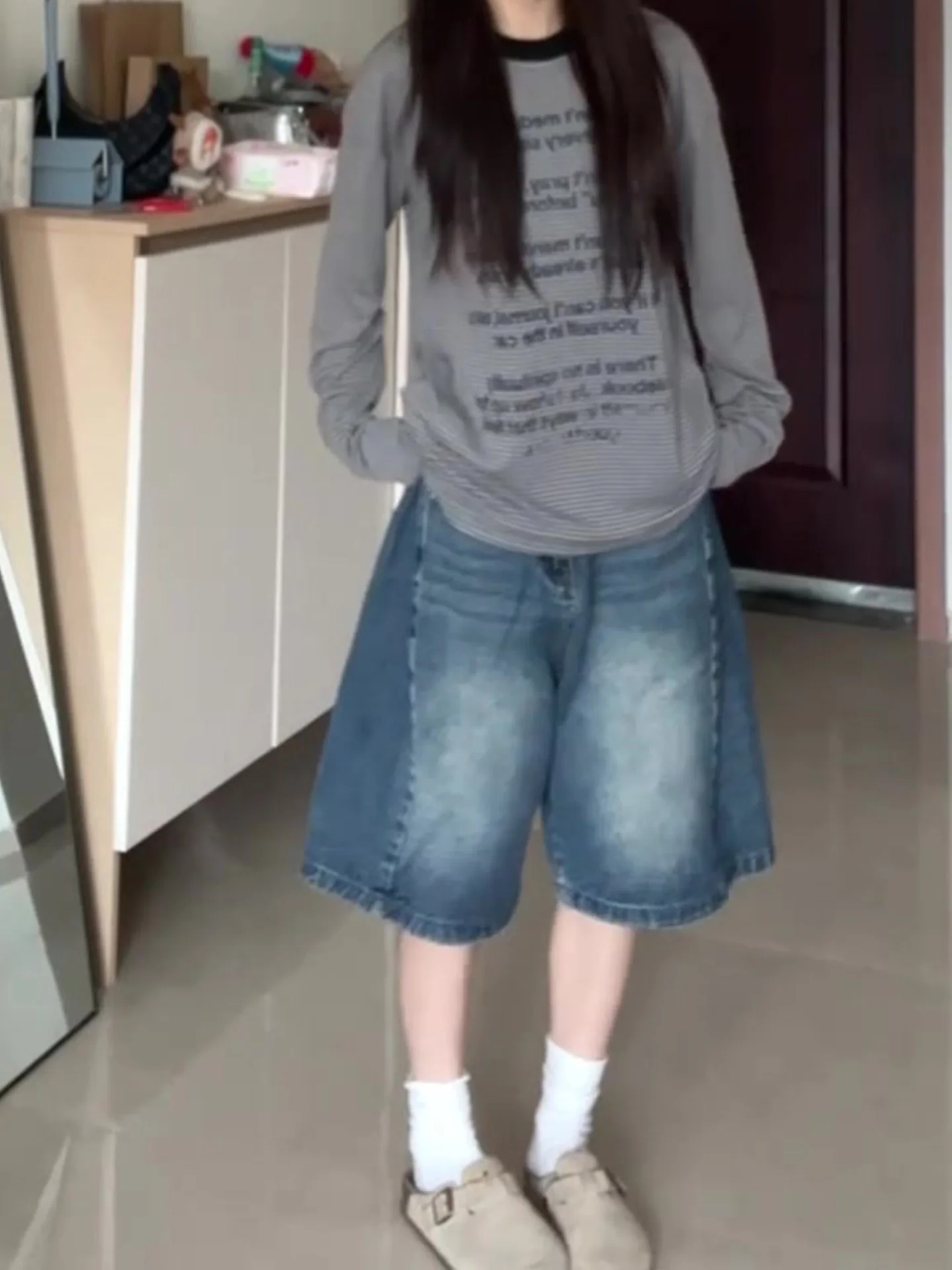 

American High Street Wide Leg Washed Jeans Shorts Women's Loose Slimming Mid-Length Summer New Style Vintage Blue Denim