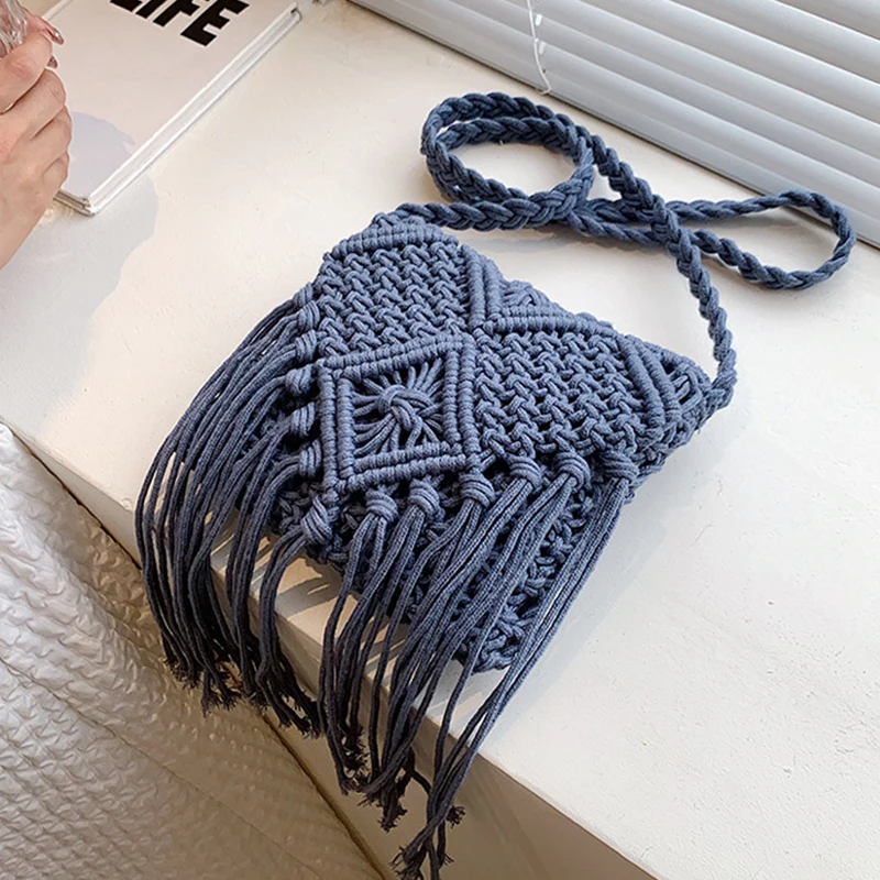 Neue Strohs ack böhmische Quaste Strand tasche Frauen häkeln Fransen Cross body ultraleichte Umhängetasche Frauen kleine Bolsos Feminina – Detail 19