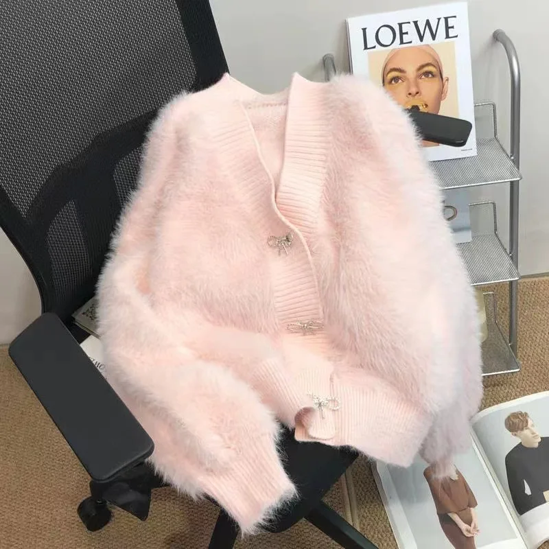 Premium Mink Imitation Fur Pink Sweater Coat Thick Loose Temperament V-neck Knitted Cardigan 2024 Autumn Winter New Women\'s Top