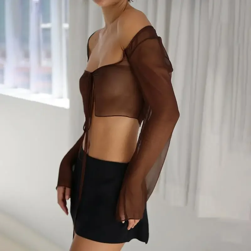 مثير المرأة الصيف عطلة اقتصاص قمم طويلة الأكمام بلون التعادل متابعة سترة شبكة شير بيكيني التستر تي شيرت