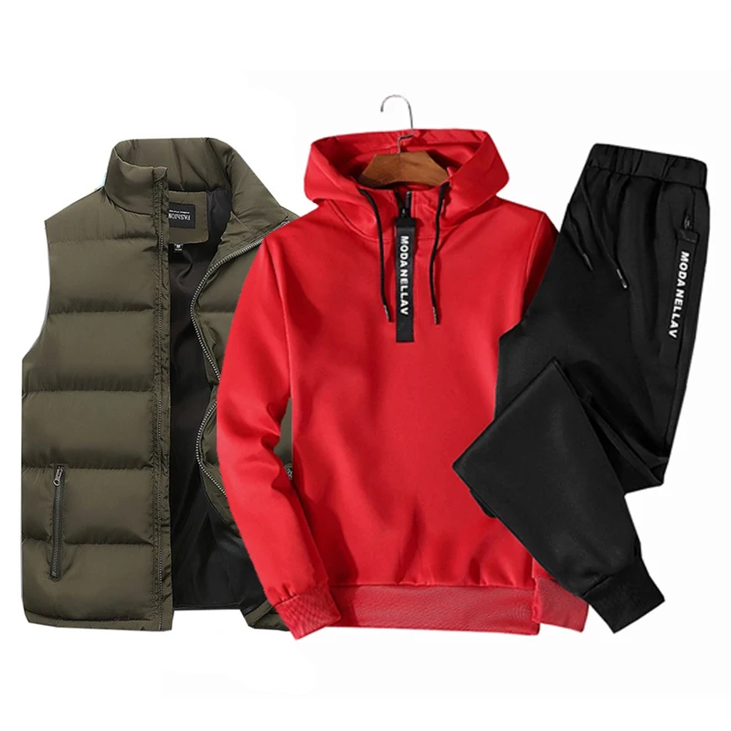 Mens Tracksuit Suits Half zip Hooded Sweatshirt+Waterproof Down Vest+Sweatpants 3 Piece Set 2023 New Winter Warm Casual Clothes