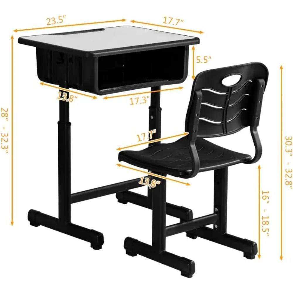 Combo de escritorio y silla para estudiantes, escritorio escolar ajustable en altura y estación de trabajo para silla con cajón, ranuras para lápices y ganchos colgantes