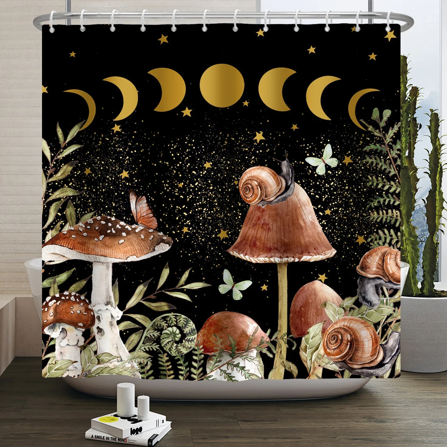 Mushroom Shower Curtain Forest Moon Butterfly Plant Snail Botanical Waterproof Shower Curtain for Bathroom Decoration With Hooks