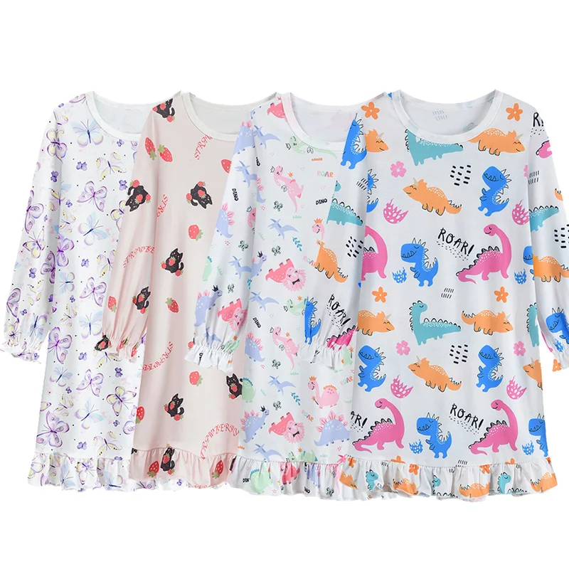 Little Hand Girls Milk Silk Long Sleeve Nightgown Cute Ruffle Hem Butterfly Dinosaur Print Kids Sleep Dress for 3‑10 Years Old
