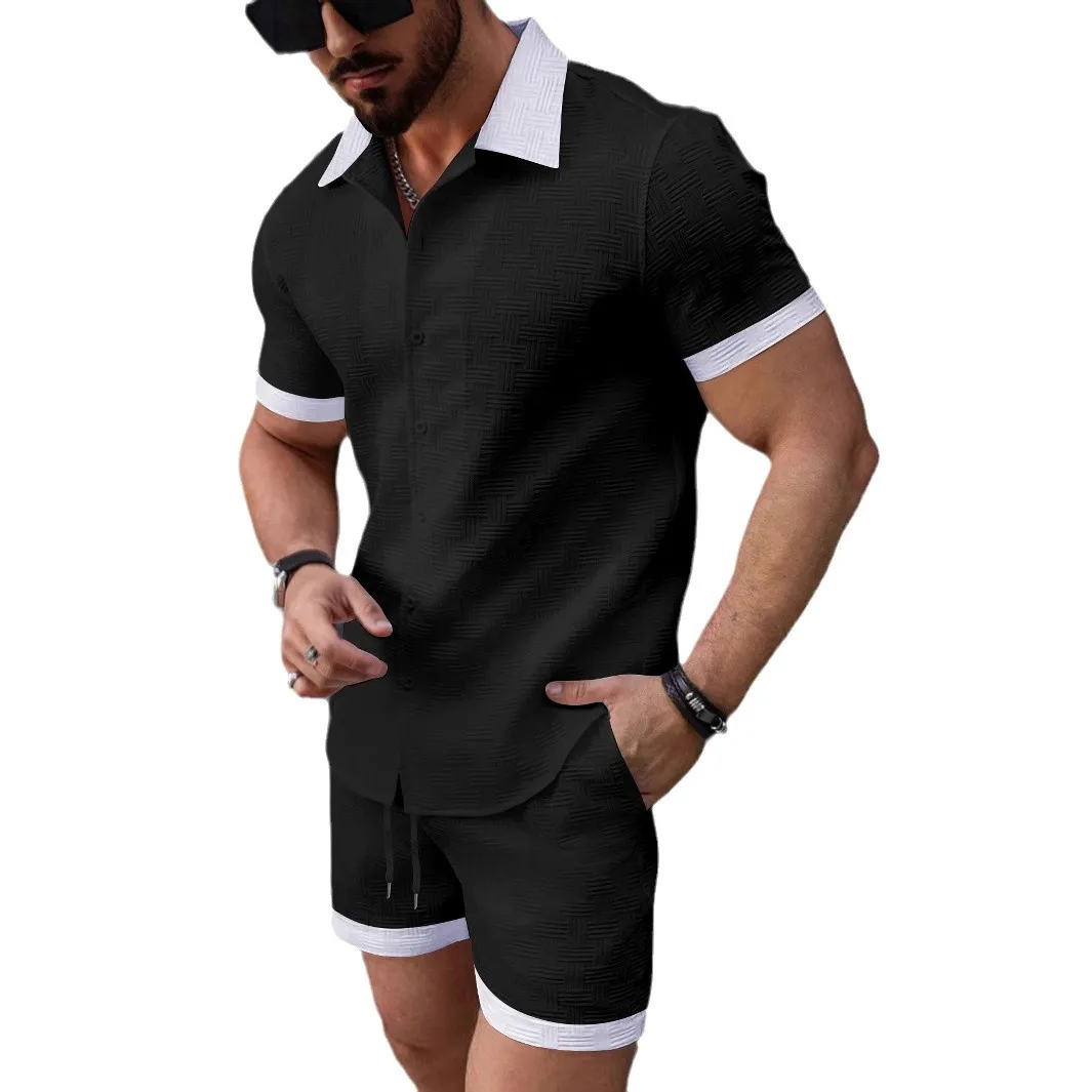 

Мужские комплекты рубашек из двух предметов, рубашки с короткими рукавами, однобортные блузки, брюки длиной до колена на шнурке, свободный крой, новинка 2025, повседневная одежда