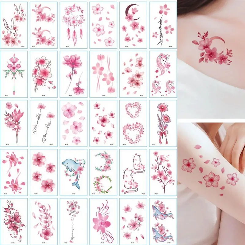 여성용 미적 임시 문신 접착제, 꽃 복숭아 꽃 고양이 문신 스티커, 파티 장식, 손목 등 가슴, 30 개/팩