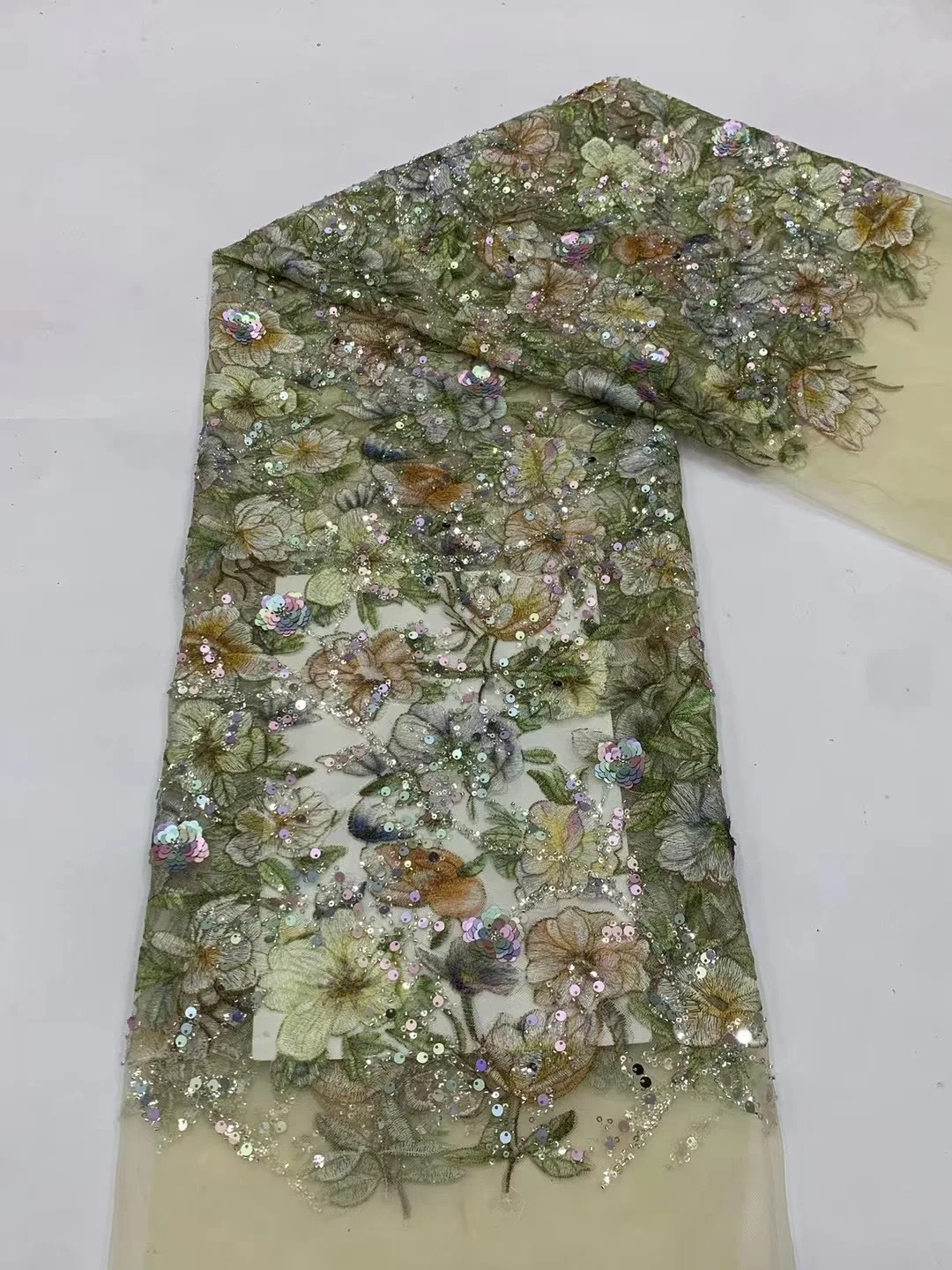 

New Arrival Beaded French Net Lace Fabric African Tulle Lace Fabrics with Sequins Embroidery for Party Dress VXB5639