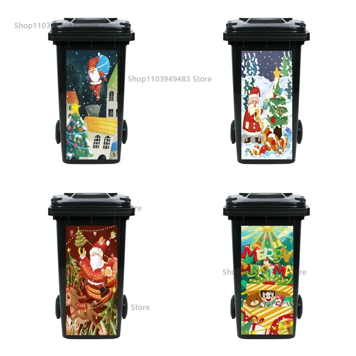 Christmas Santa Claus Tree Painting Trash Can Mural Self-adhesive Wheeled Large Garbage Bin Sticker Garbage Bins Decoration