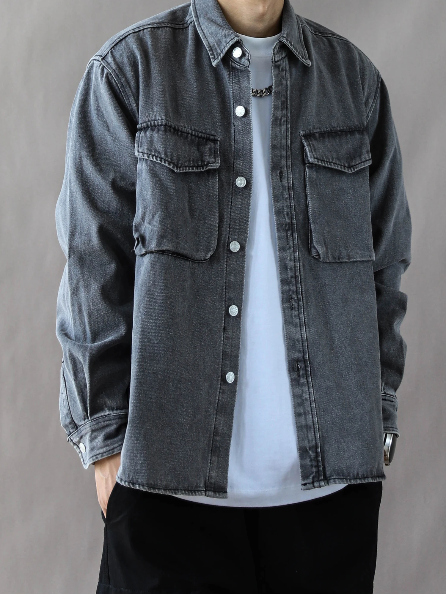 

Retro Denim Shirt Men's Spring Autumn Loose Casual Long Sleeve Washed out Black Grey New 2025 Outerwear Coat Classic Style