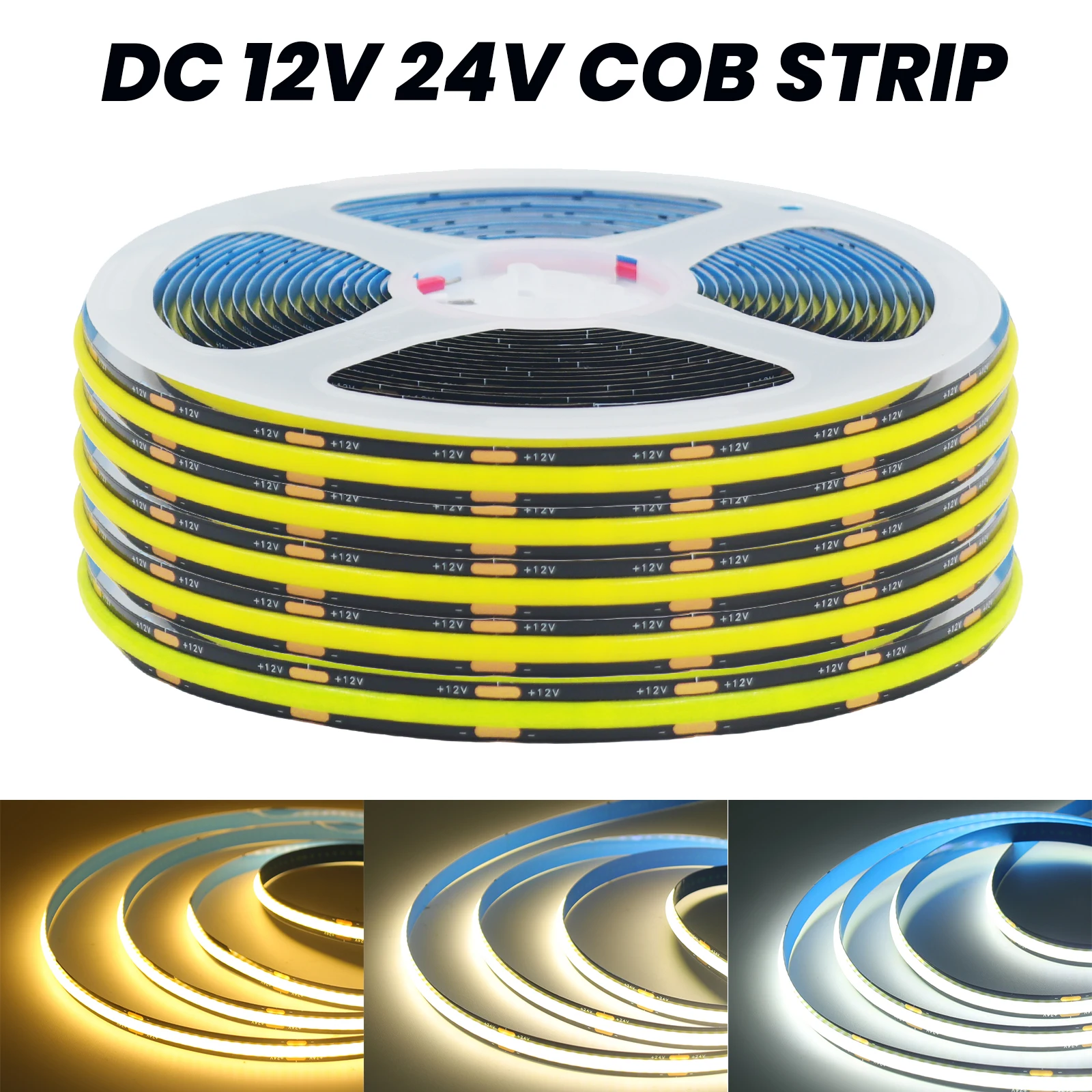 DC 12V 24V COB LED Strip Light 320Leds/M Black PCB 3000K 4000K 6000K Flexible Lamp Home TV Background Decoration 0.5M-10M