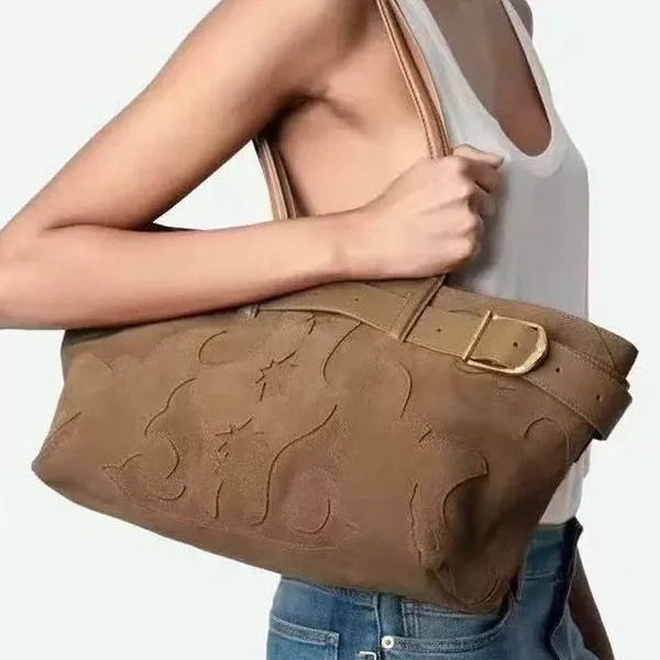 New Brown Suede Hobo Bag for Women, Studded Cowhide Large Tote Purse, Faux Suede Leather Shoulder Crossbody Handbag for Shopping