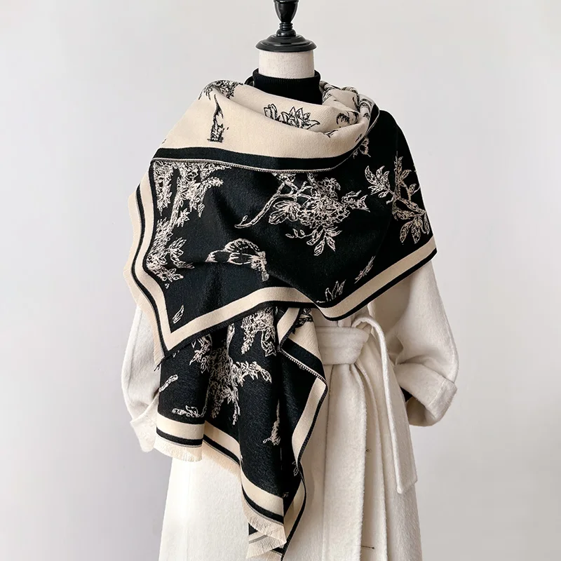 2024 Winter New Luxury Two-Sided Faux Cashmere Scarf Women Floral Print Outdoor Warm Thick Shawl Soft Muffler Neckerchief