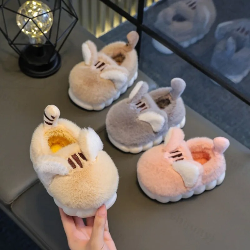 Children Home Cotton Shoes 2026 New Winter Boys Girls Soft Sole Non Slip Cartoon Plush Warm Fluffy Slipper Indoor Casual Shoes