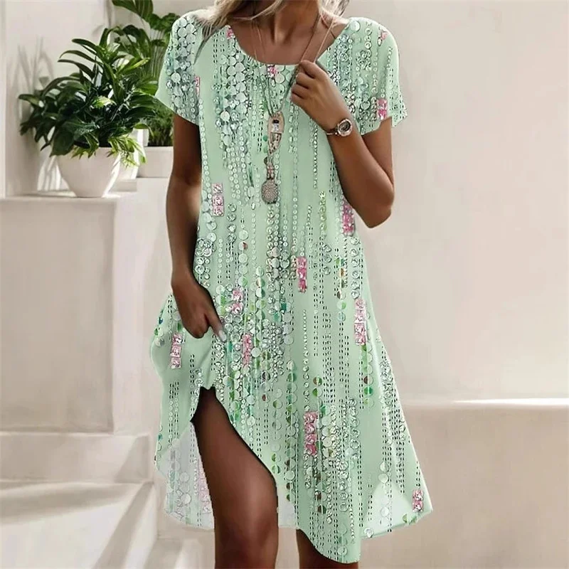 Boho Print Dress Lady Fashion O Neck Short Sleeve Loose Dresses For Women Casual Holiday Beach Skirt Robe Femme Summer New Dress