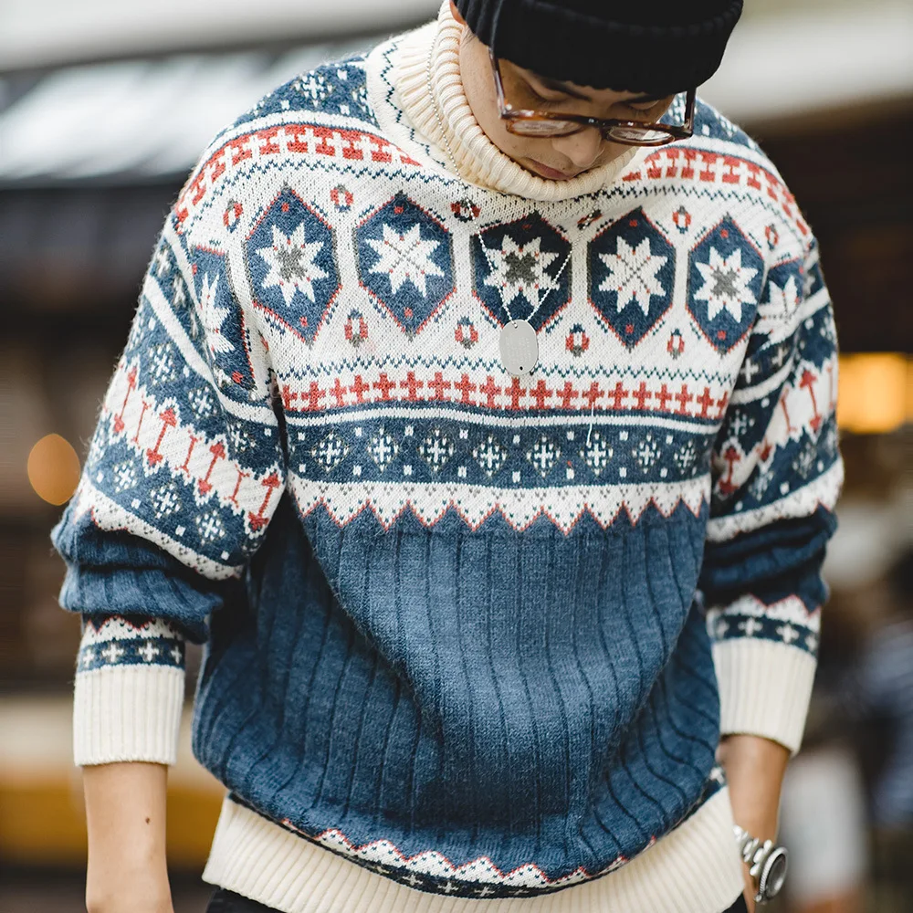 

Maden High Collar Knitted Sweater Thi Warm Reversible Men's Autumn Winter Faion Retro Japanese Sle Floral Patterned Swe...