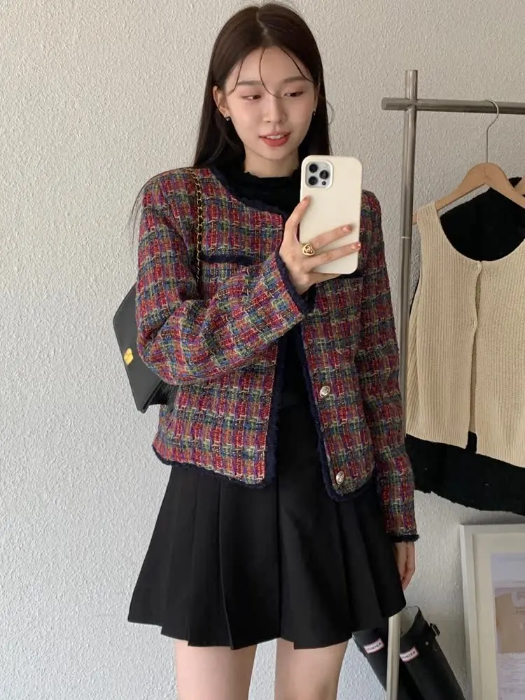 

Premium Vintage ort Plaid Open Cardigan Women's Outerwear Loose Fit Slimming Sle Autumn 2024 New Arrival Faionable Comm...