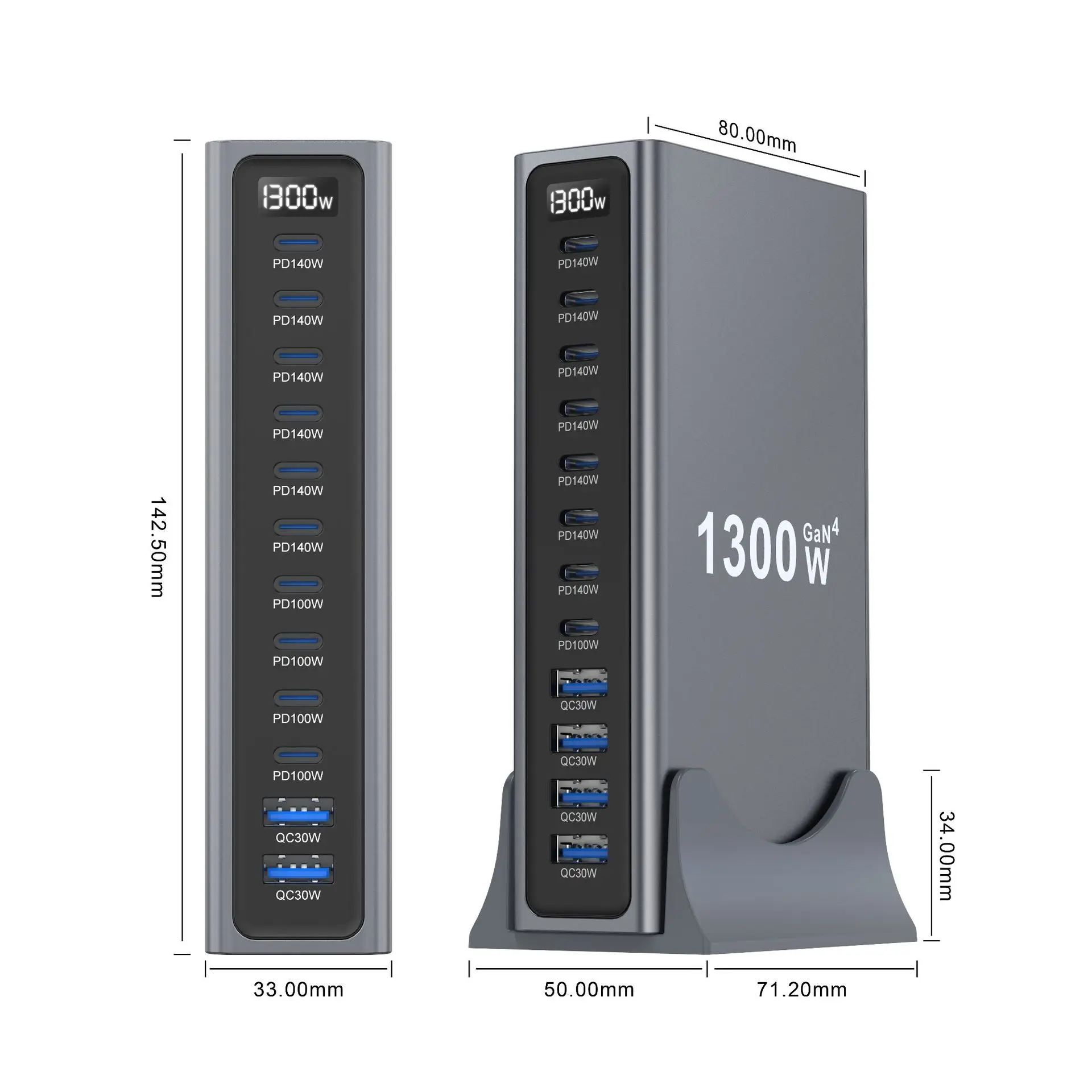 1300W GaN 12-Port Desktop Fast Charging Station Adapter for Phone & Tablets Multi Port USB Hub PD3.1 10C2A Type C Fast Charger