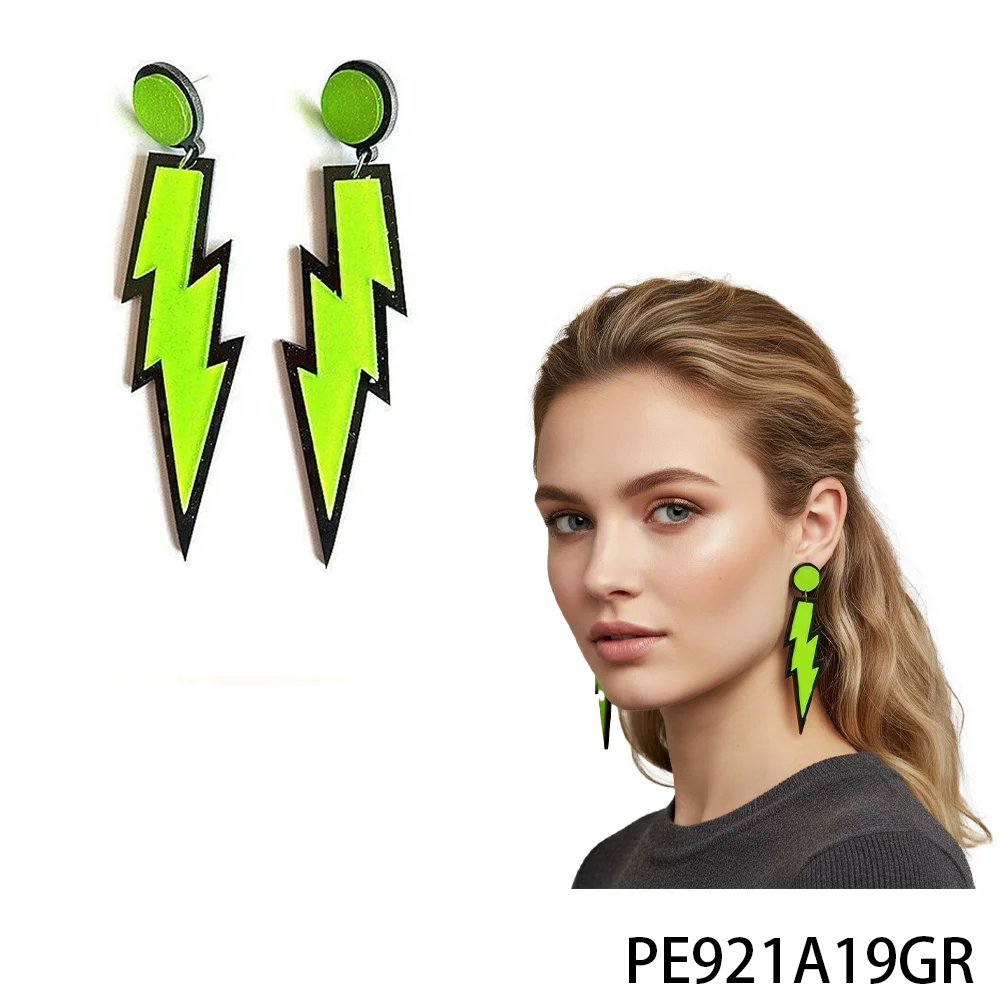 PESENAR 80년대 네온 그린 번개 모양 귀걸이 - 레트로 펑크 스타일 주얼리 롤플레잉 및 코스프레에 적합
