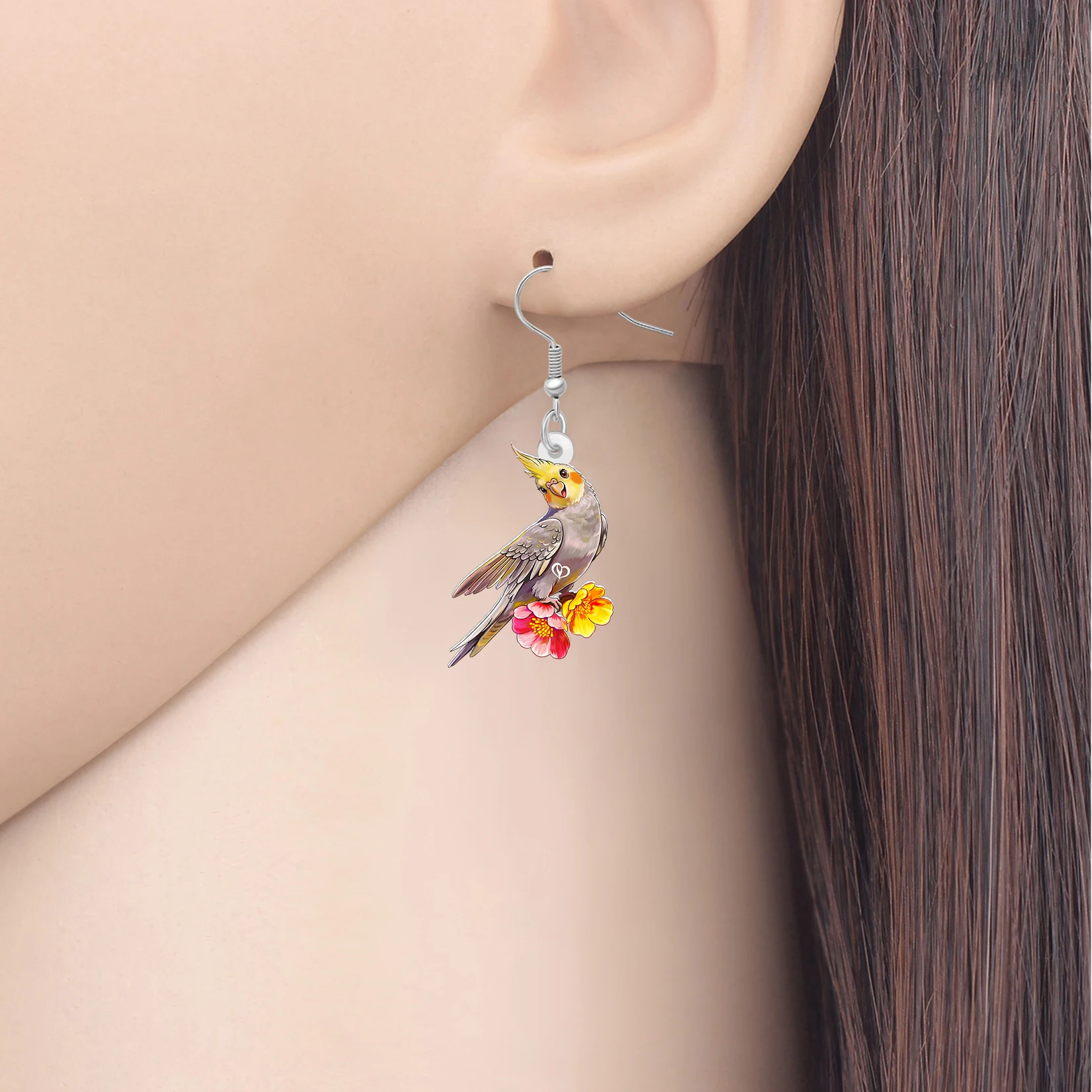 BONSNY Acrylic Cute Cockatiel Dangle Earrings Dainty Spring Flowers Bird Animals Parrot Drop Jewelry Charms For Women Mom Gifts