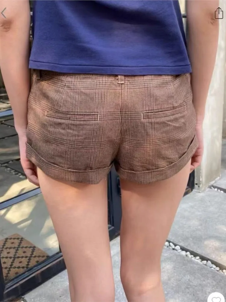 Retro marrom xadrez botão shorts feminino verão algodão casual solto elástico de cintura alta calças curtas vintage estilo preppy sweatshort
