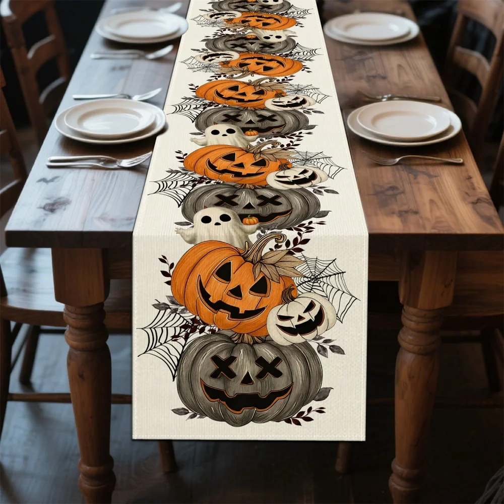1 Stück Halloween-Tischläufer – Jack-o'-Laternen, Spinnennetze, Kürbisdekorationen – Bauernhaus-Küche, Esszimmer-Party-Dekoration