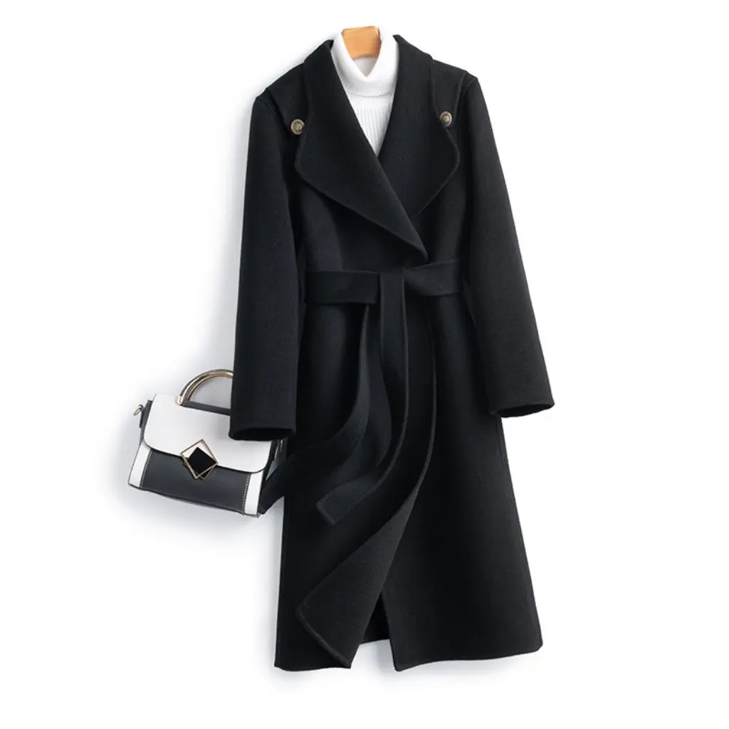 

Women's Slim-Fit Double-Sided Woolen Coat Autumn Winter Lace-Up 100% Wool Extra-Long Knee-Length with Belt Design