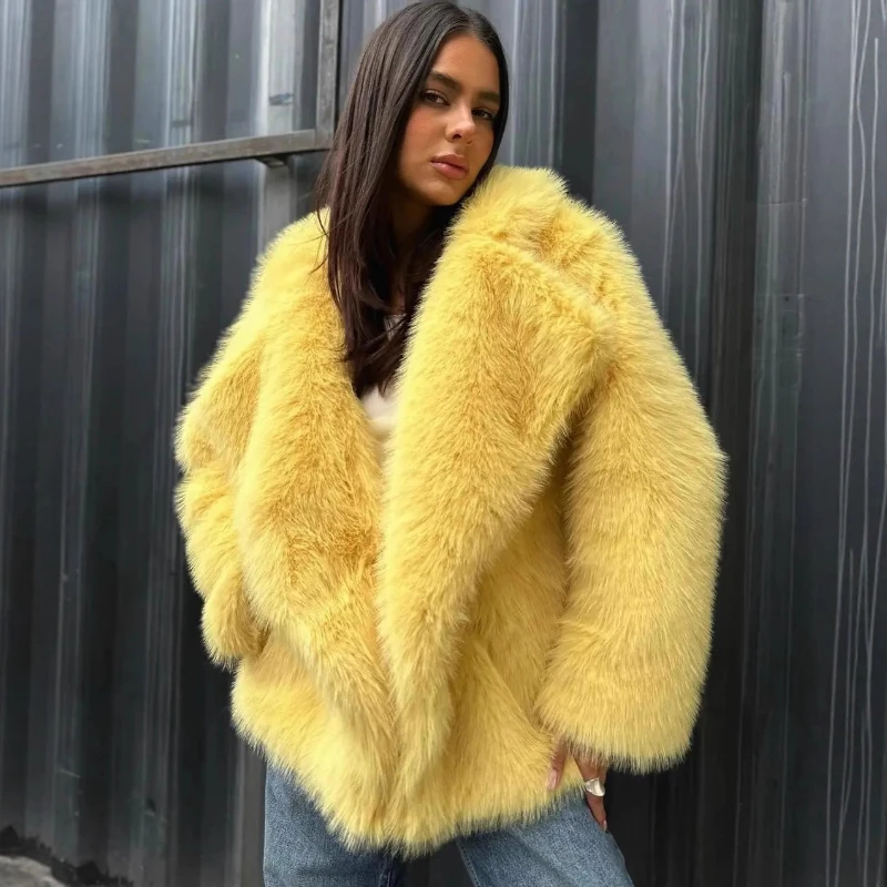 TARUXY Open Collar Faux Fur Thicken Jacket Women's Fashion Loose Long Sleeves Elegant Outwear 2025 Winter New Commuting Coat